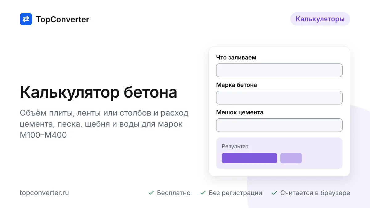 Калькулятор бетона онлайн — объём, цемент, песок, щебень