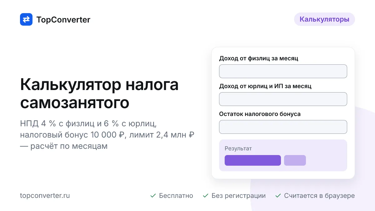 Калькулятор налога самозанятого — НПД 4 и 6 %, бонус, лимит