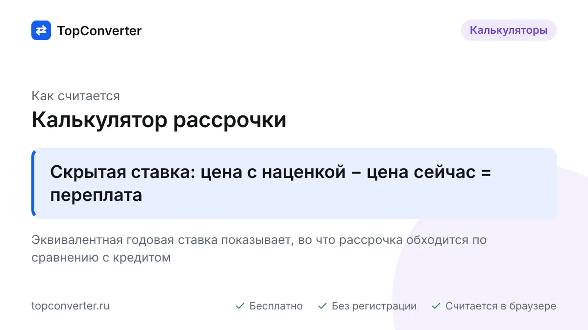 Рассчитайте рассрочку онлайн: платёж в месяц, скрытая наценка и комиссии, эквивалентная процентная ставка и честное сравнение с кредитом. Бесплатно.