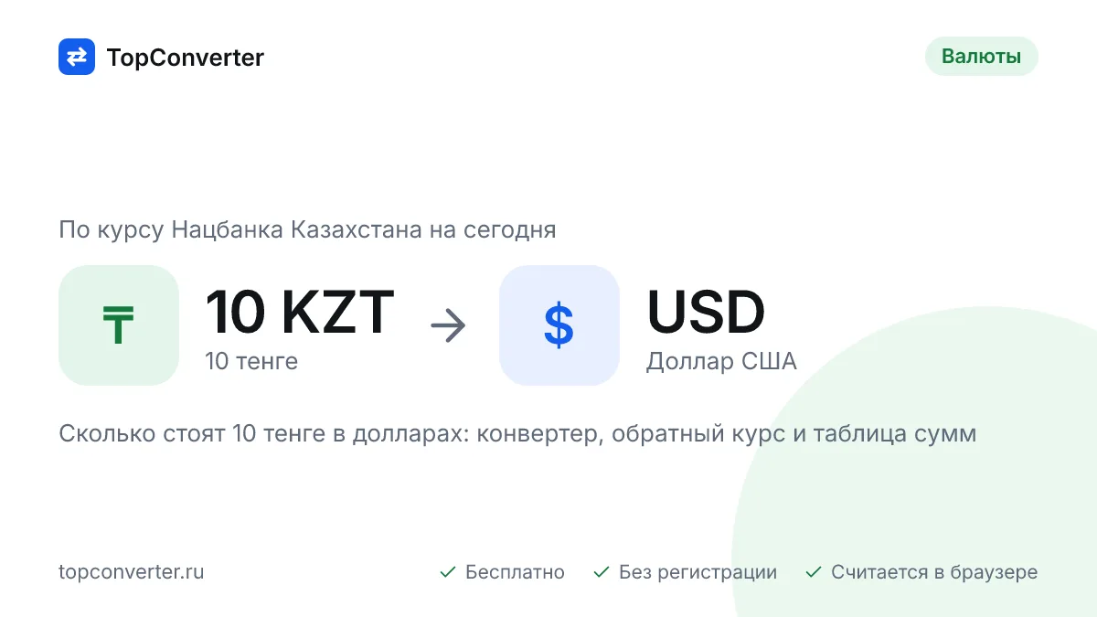 10 тенге в долларах по курсу НБ РК на сегодня — конвертер